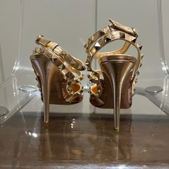 Valentino Rockstud Rose Metallic Sequins Heels - Picture 4 of 9